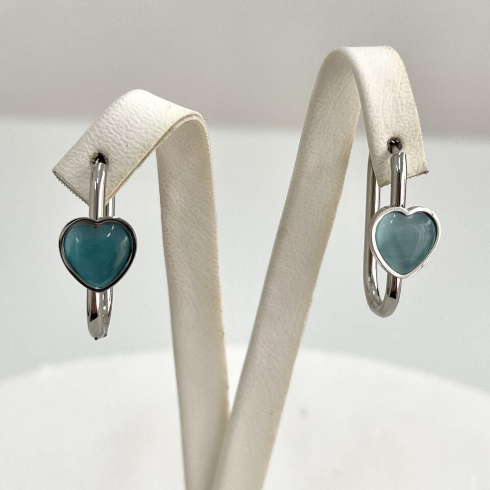 Çelik Kedi Gözü Taşı Kalp Küpe