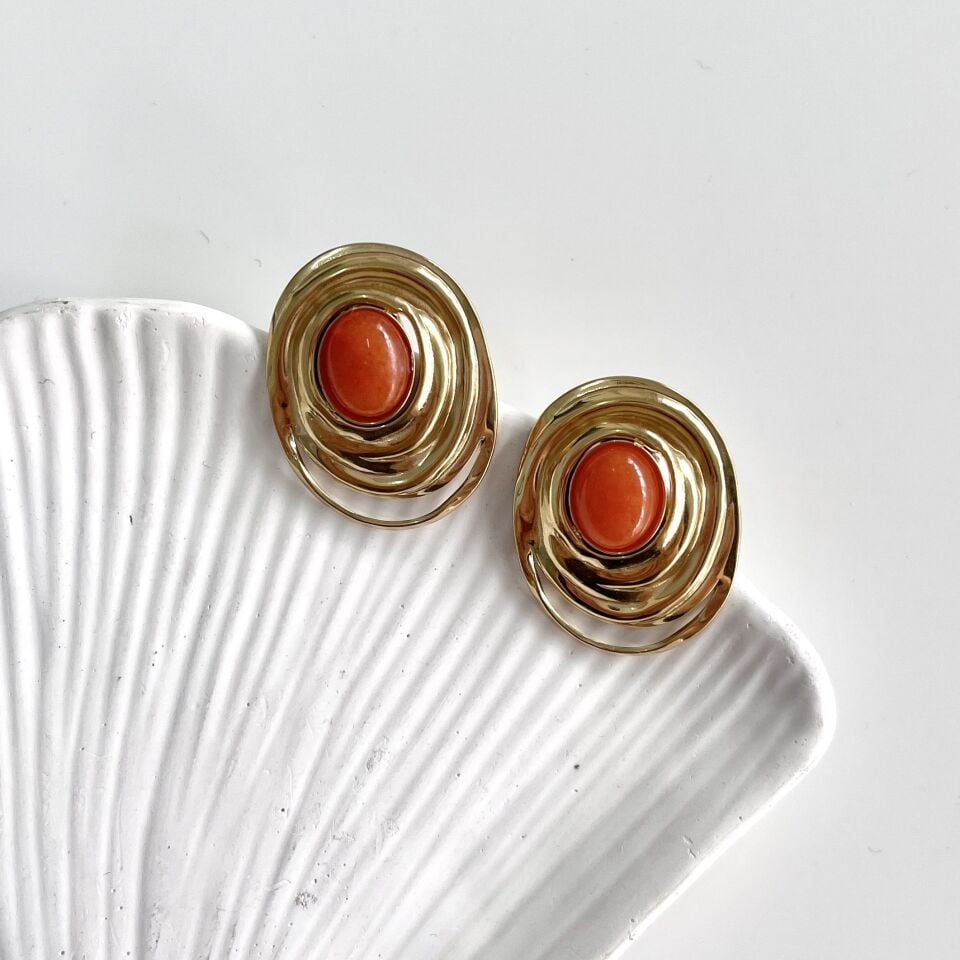 Çelik Turuncu Taşlı Küpe