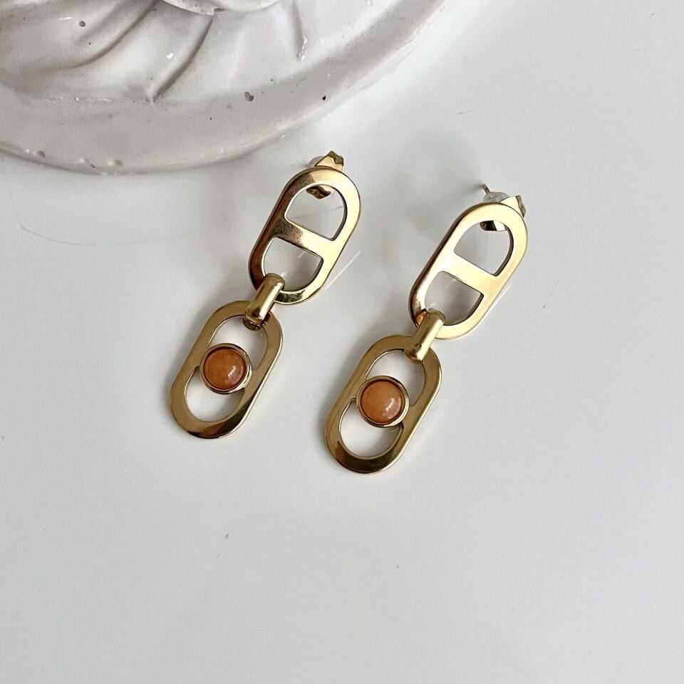 Çelik Turuncu Taşlı Küpe