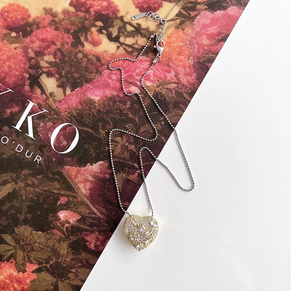 Çelik Zirkon Taşlı Kalp Kolye